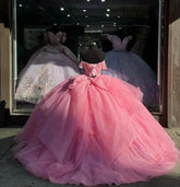 Glitter Pink Quinceanera Dress Off the Shoulder with Beaded Mychicdress